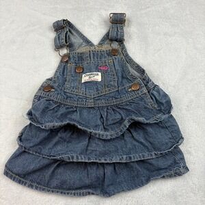 Vintage OshKosh Denim Overall Dress 9M Vestbak‎ Ruffle Tiered Skirt Baby